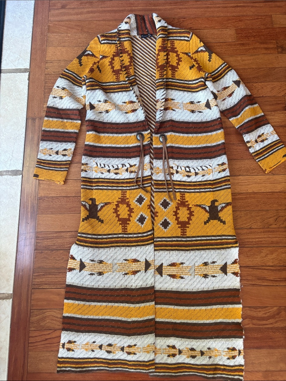 Long Open-Front Knit Cardigan Sweater in Mustard & Brown